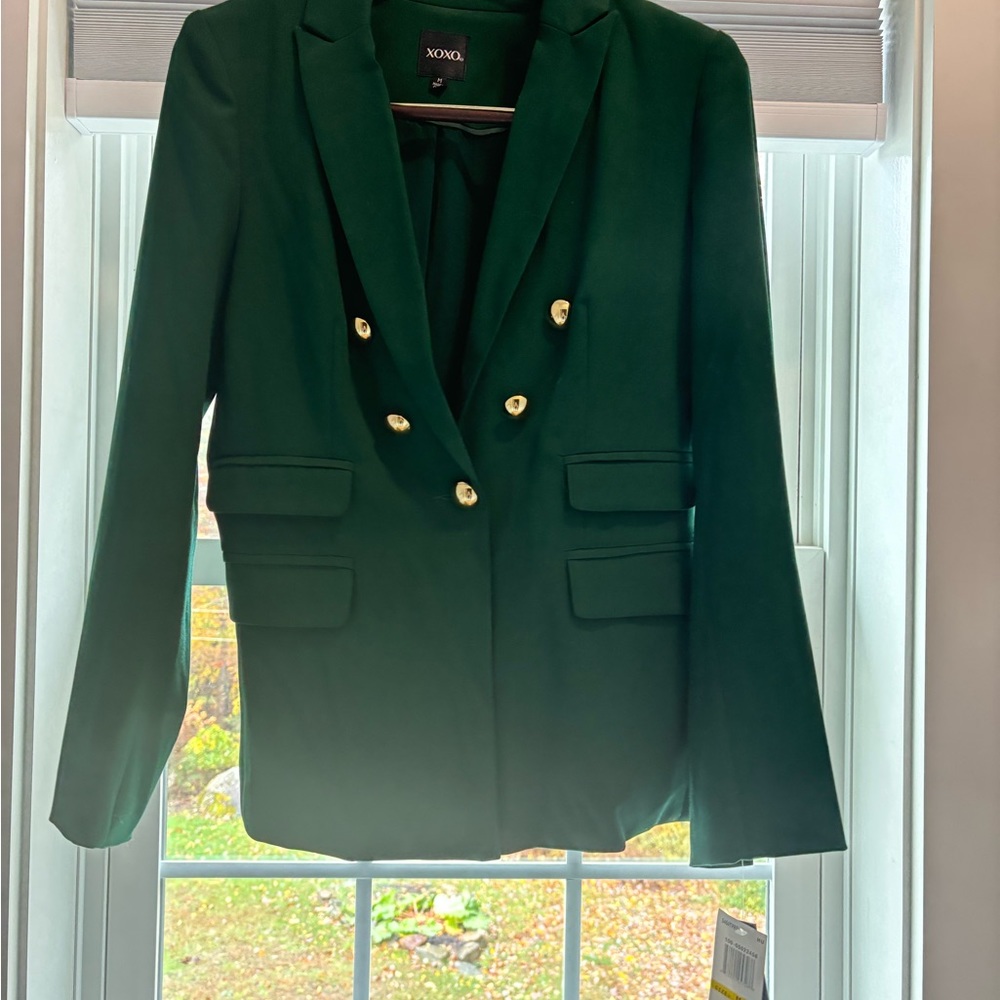 Xoxo green blazer with gold accent buttons